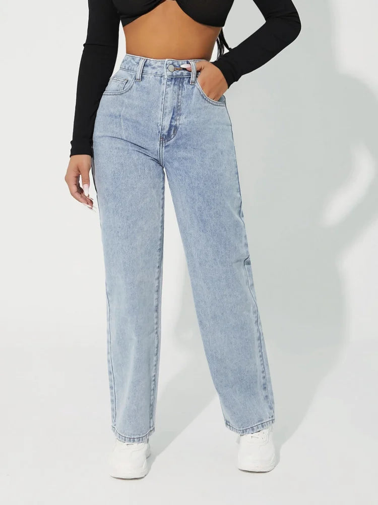Women's High-Waisted Straight-Leg Jeans - Classic Denim - Button & Zip Closure