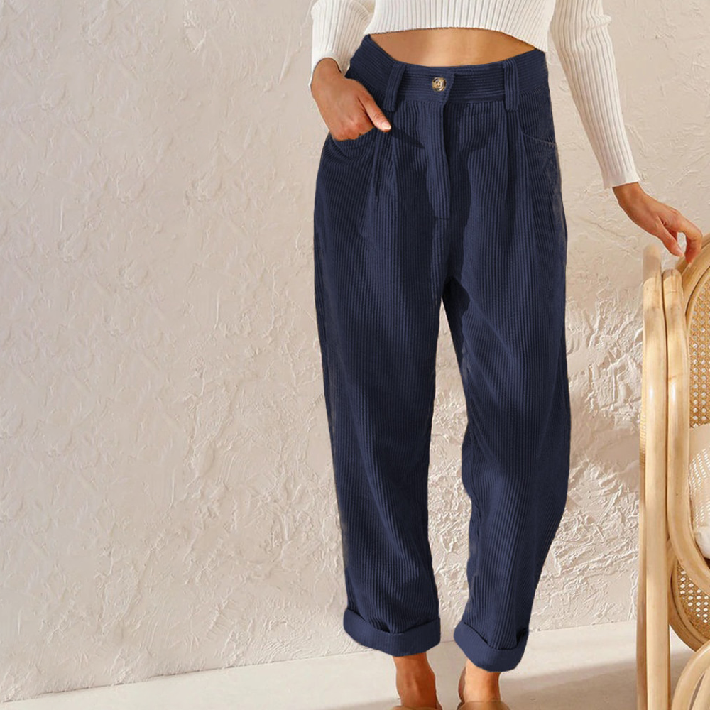Pantalon en velours côtelé taille haute à jambe droite et pinces