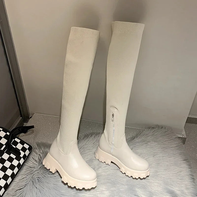 Women's Cuissardes Extensibles à Bout Rond et Talon Moyen