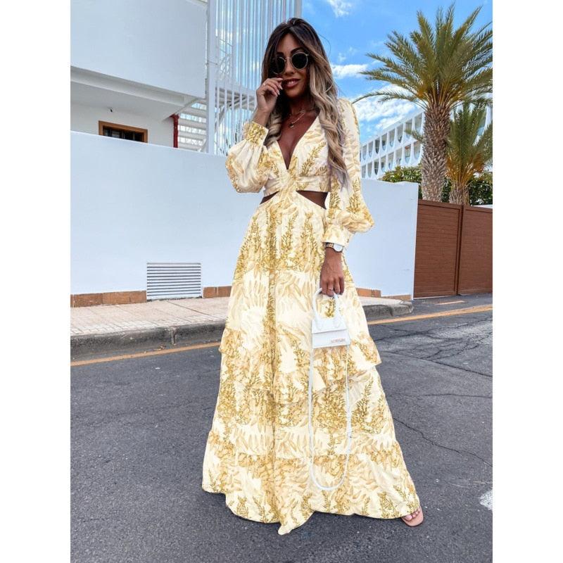 Robe longue fluide à découpe taille, col en V et manches bouffantes pour femme
