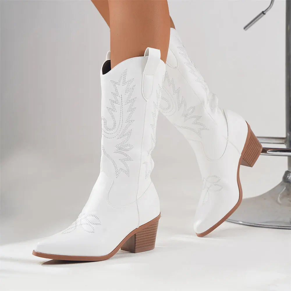 Women's Bottes Vintage à Talons Carrés et Bout Pointu