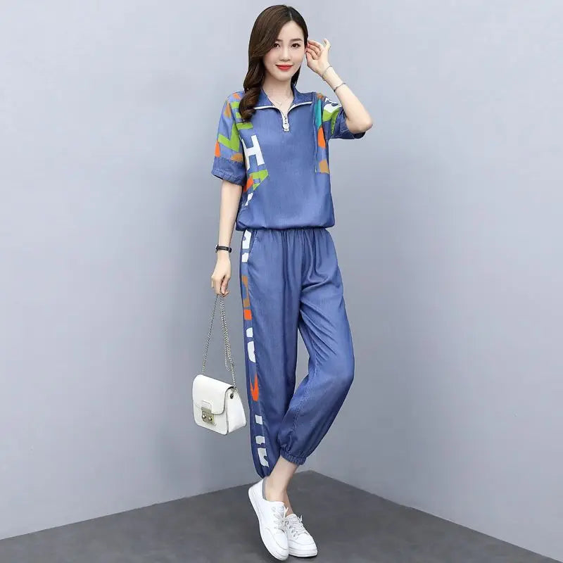Ensemble Femme Décontracté Deux Pièces – Crop Top et Pantalon Taille Haute – Printemps/Été