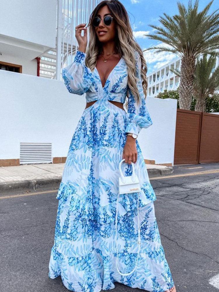Robe longue fluide à découpe taille, col en V et manches bouffantes pour femme