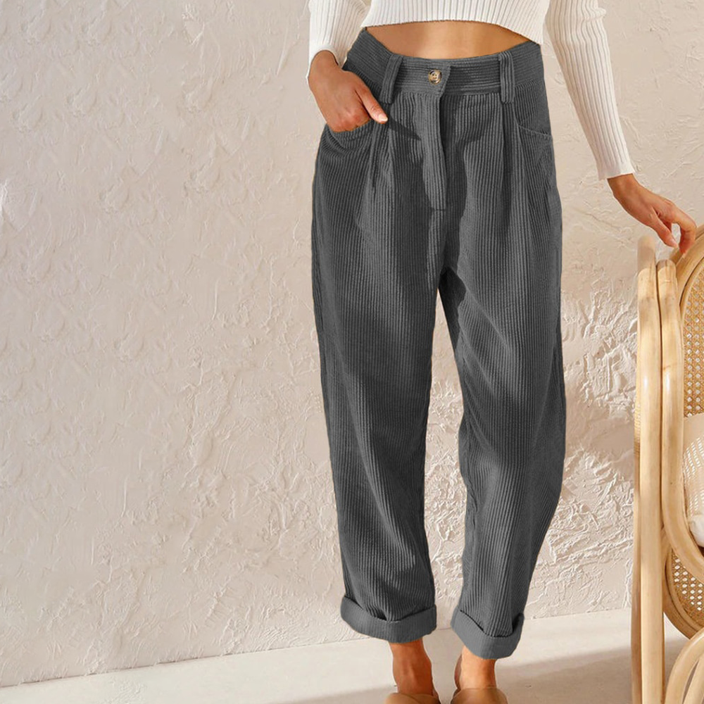 Pantalon en velours côtelé taille haute à jambe droite et pinces
