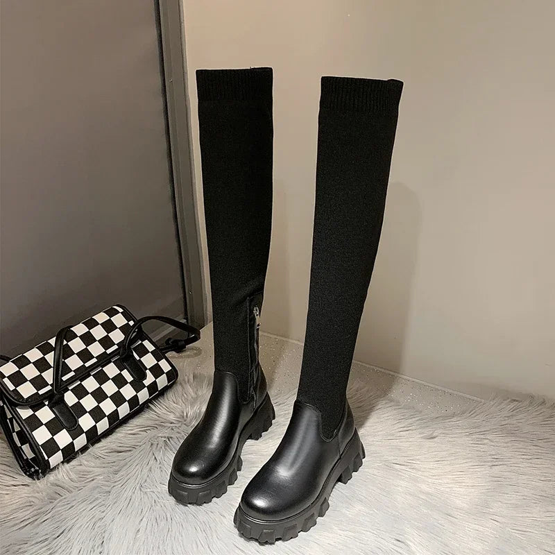 Women's Cuissardes Extensibles à Bout Rond et Talon Moyen