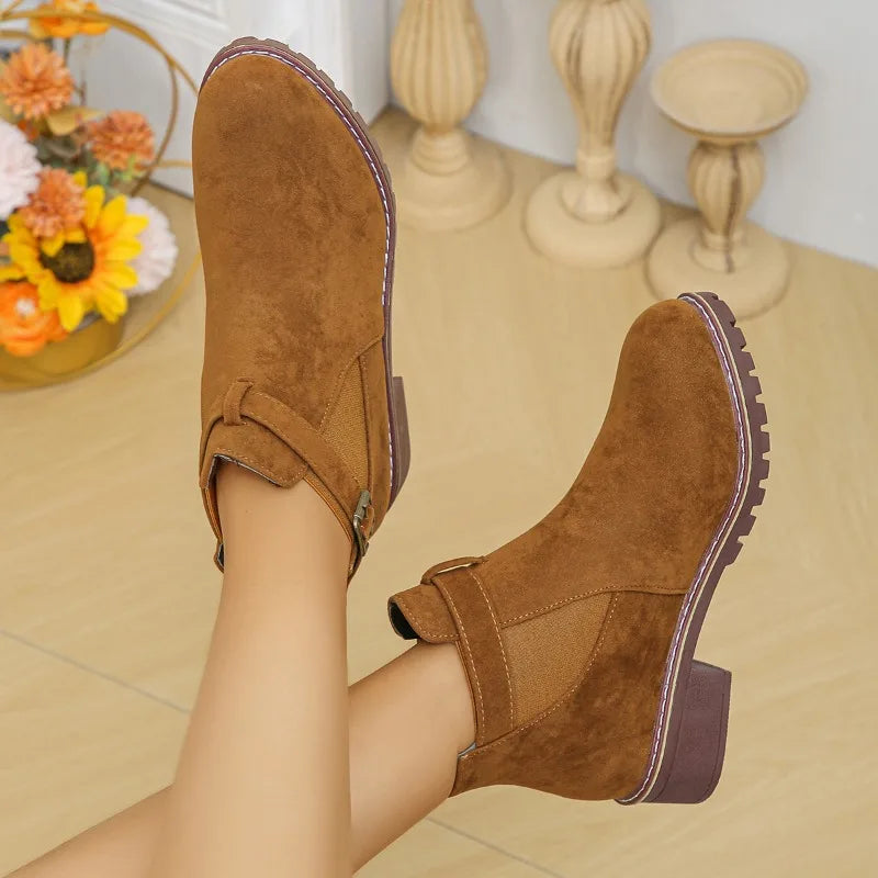 Women's Bottines Décontractées avec Boucle Ceinture et Bout Rond