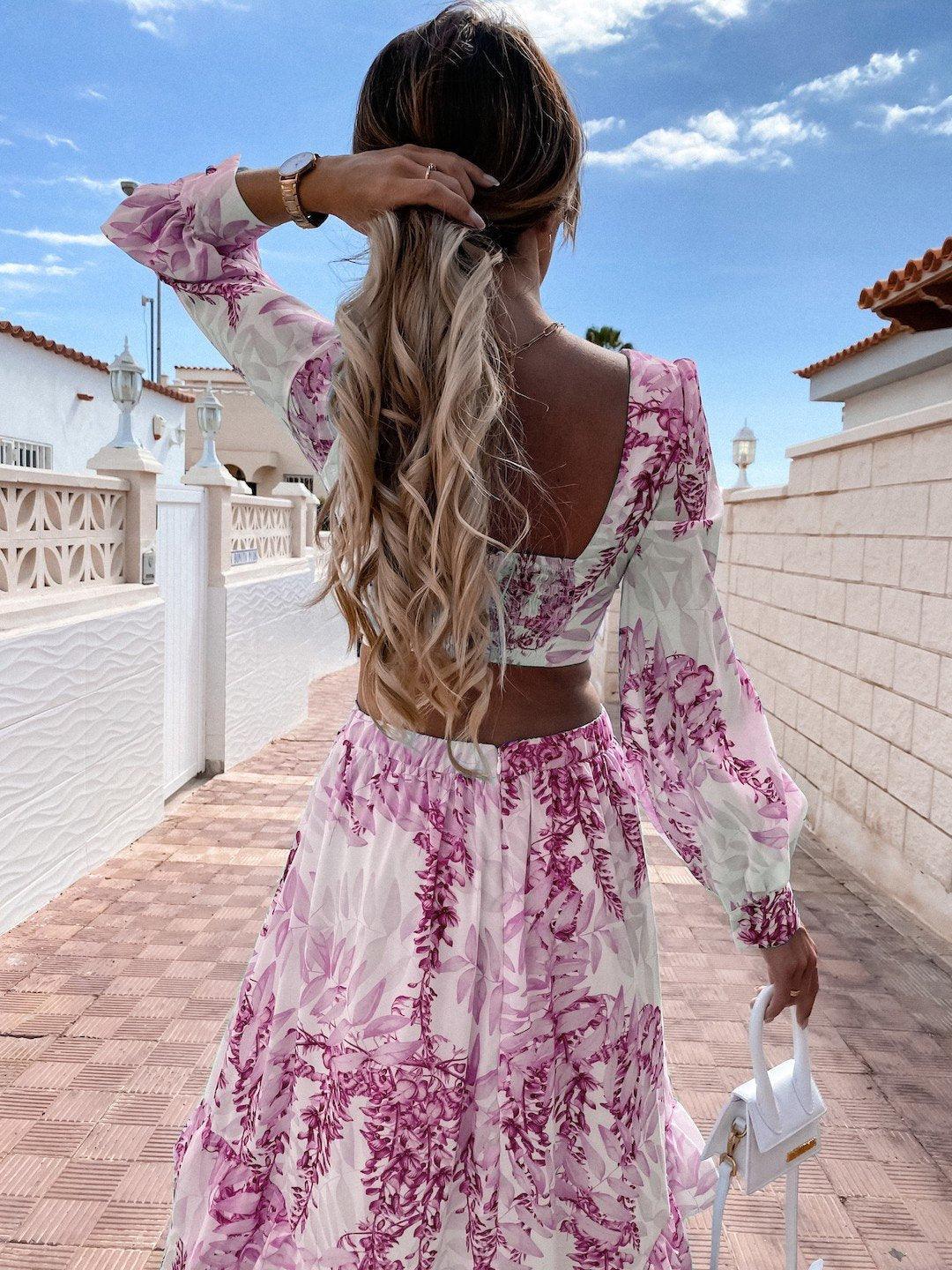 Robe longue fluide à découpe taille, col en V et manches bouffantes pour femme