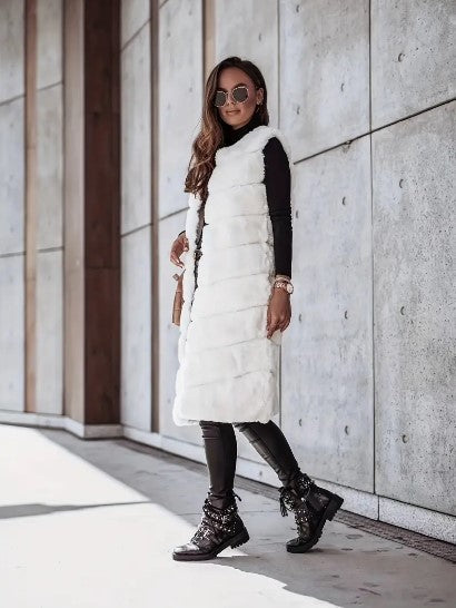Gilet Long Sans Manches pour Femmes en Fausse Fourrure à Ouverture Libre