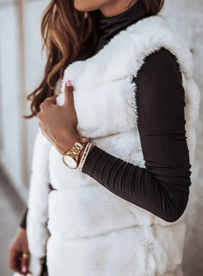 Gilet Long Sans Manches pour Femmes en Fausse Fourrure à Ouverture Libre
