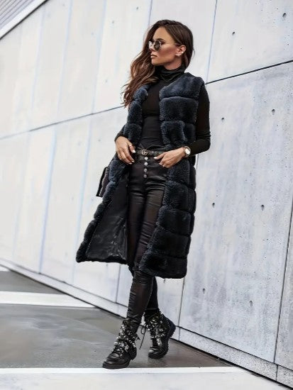 Gilet Long Sans Manches pour Femmes en Fausse Fourrure à Ouverture Libre