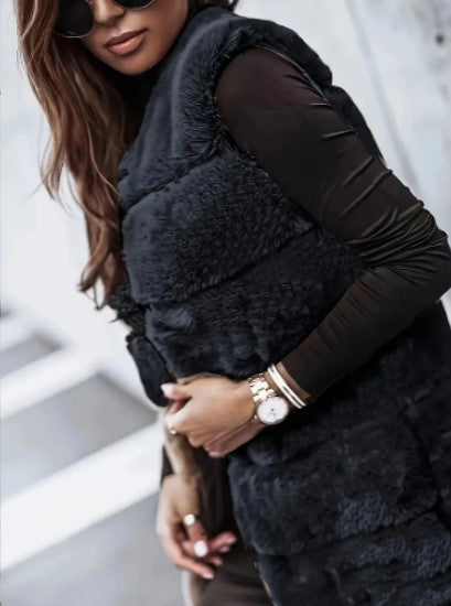 Gilet Long Sans Manches pour Femmes en Fausse Fourrure à Ouverture Libre