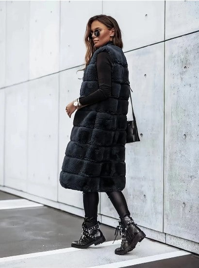 Gilet Long Sans Manches pour Femmes en Fausse Fourrure à Ouverture Libre