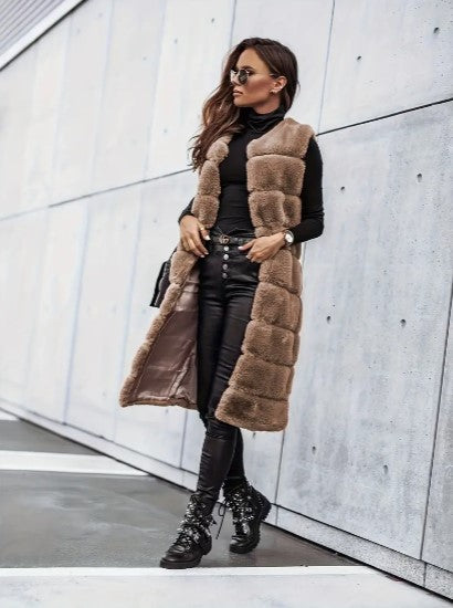 Gilet Long Sans Manches pour Femmes en Fausse Fourrure à Ouverture Libre