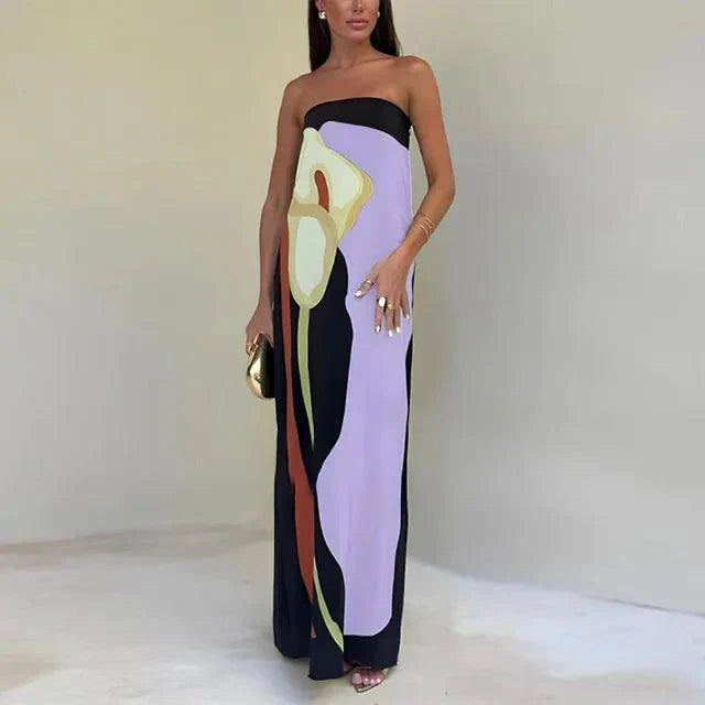 Robe longue sans bretelles en tissu léger à imprimé abstrait