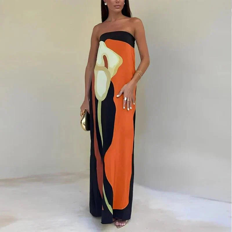 Robe longue sans bretelles en tissu léger à imprimé abstrait