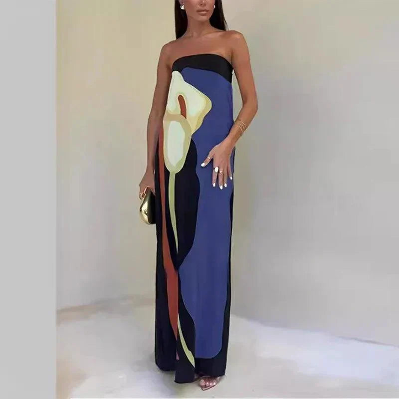 Robe longue sans bretelles en tissu léger à imprimé abstrait