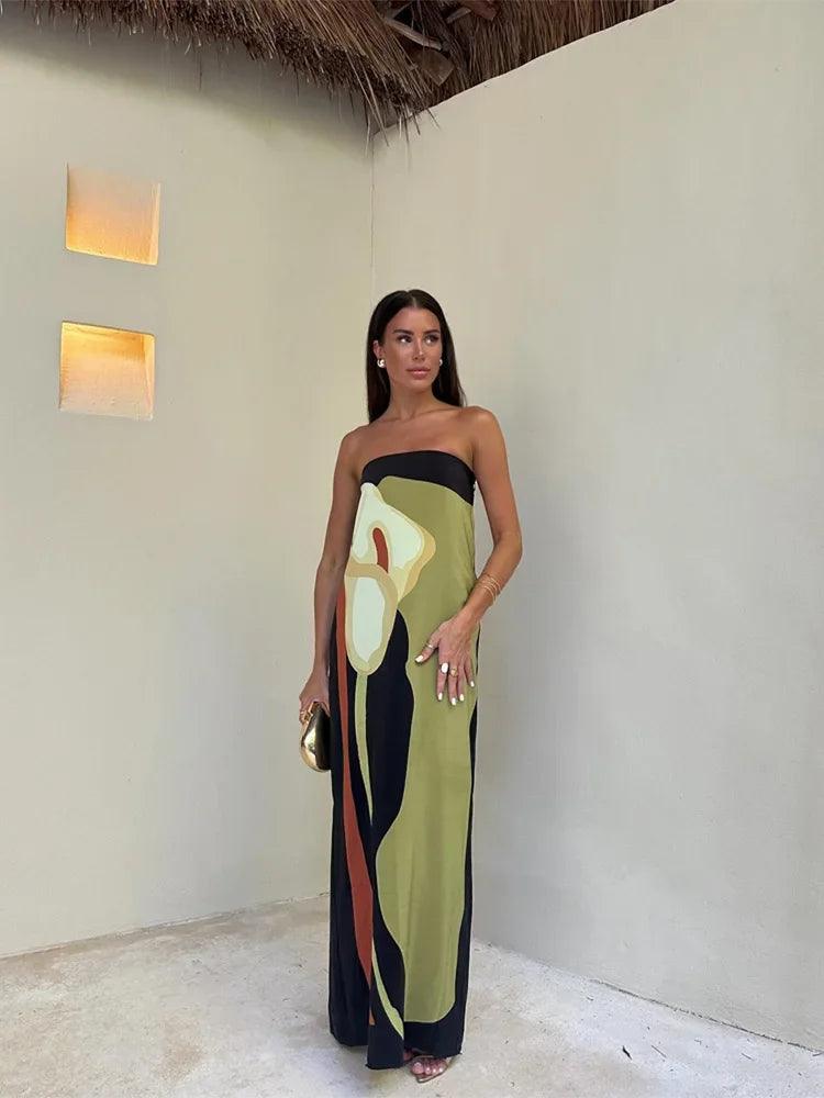 Robe longue sans bretelles en tissu léger à imprimé abstrait