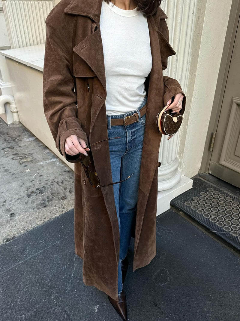 Trench Long Classique pour Femmes à Double Boutonnage et Ceinture Ajustable
