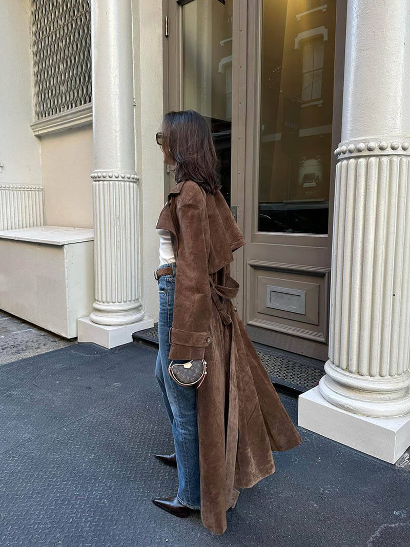 Trench Long Classique pour Femmes à Double Boutonnage et Ceinture Ajustable