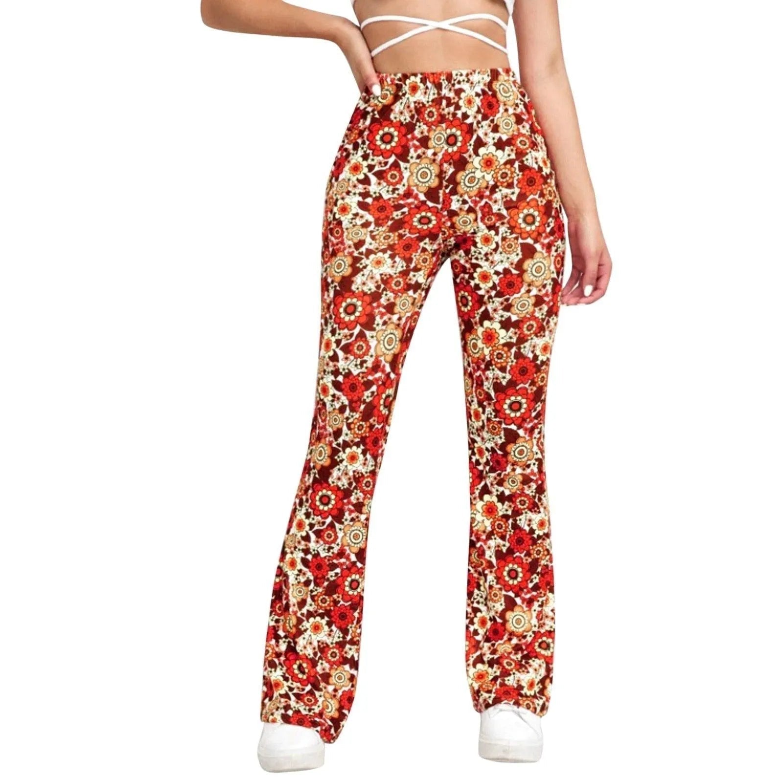 Pantalon évasé taille haute à imprimé fleuri audacieux