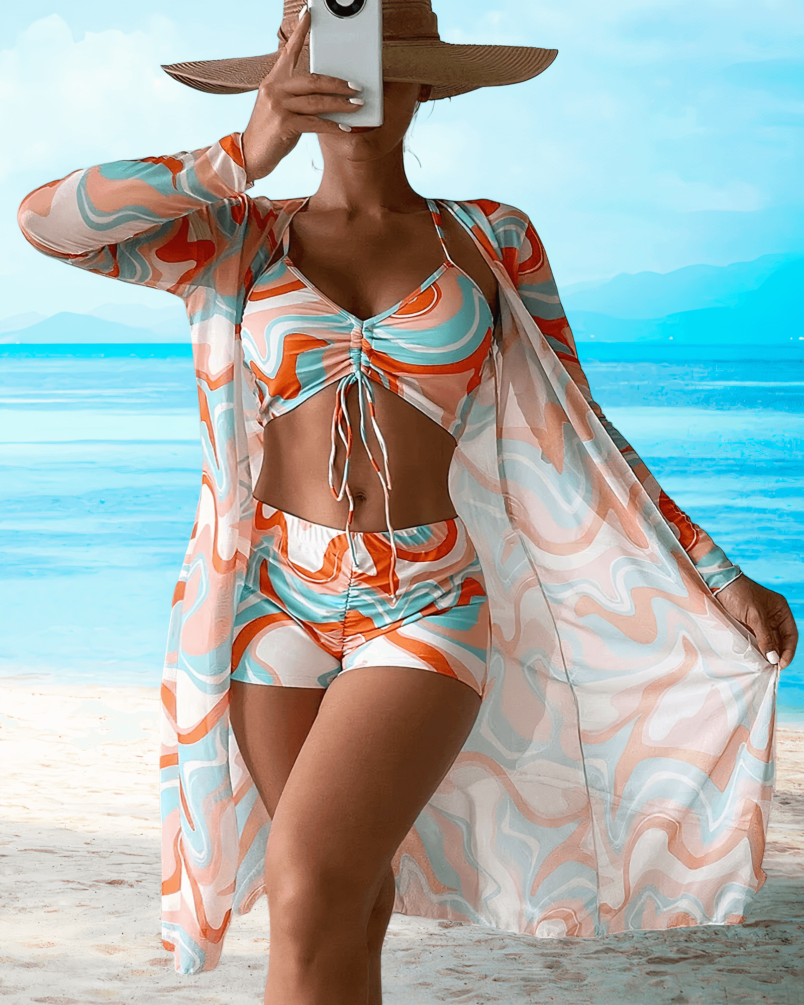 Pour femme - Ensemble 3 pièces de plage avec cardigan long transparent
