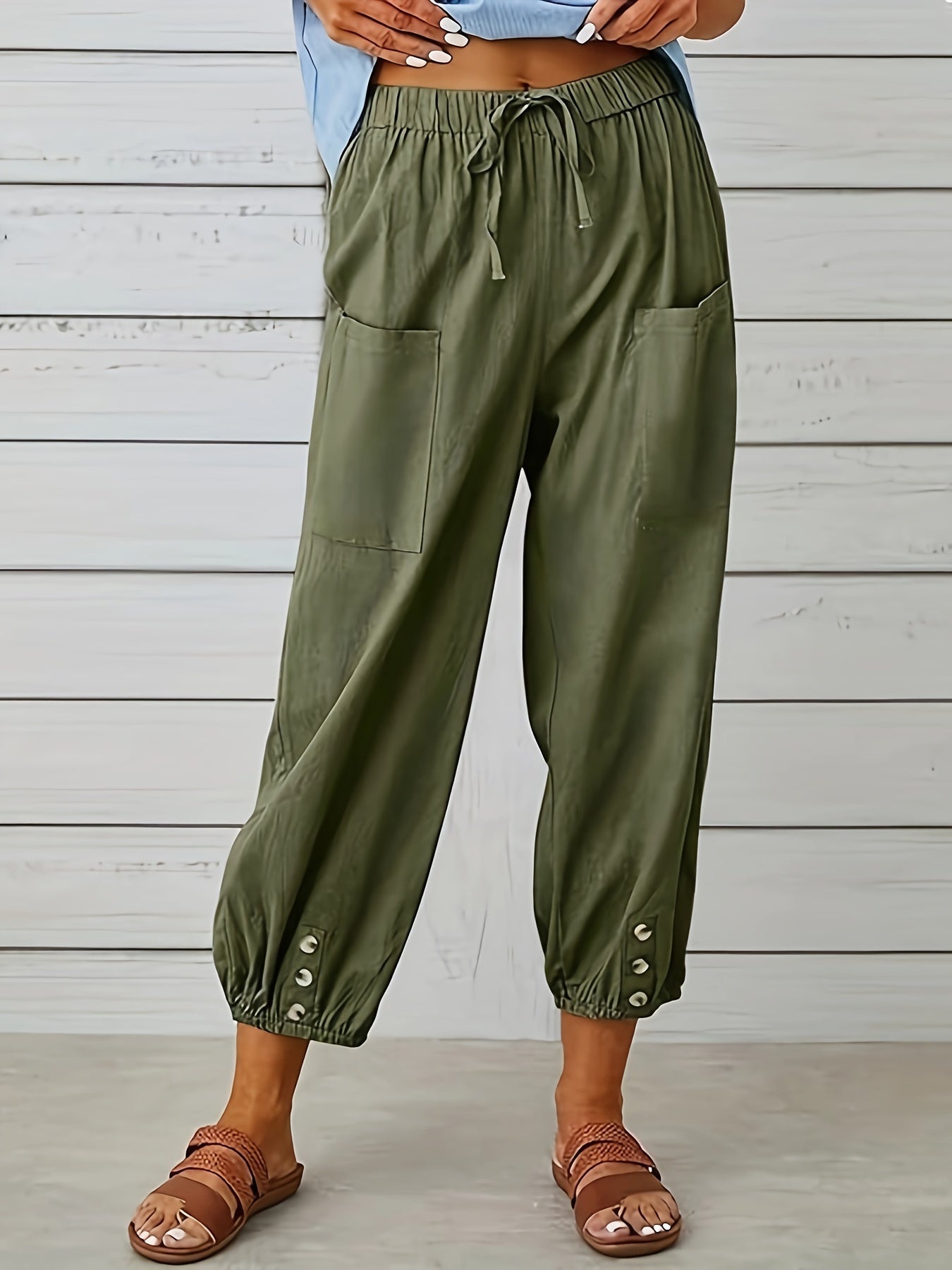 Pantalon décontracté à taille élastique avec cordon et chevilles boutonnées