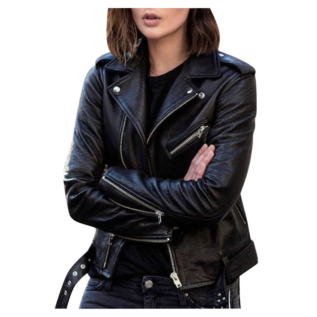 Veste Vintage Femme en Similicuir avec Fermeture Éclair