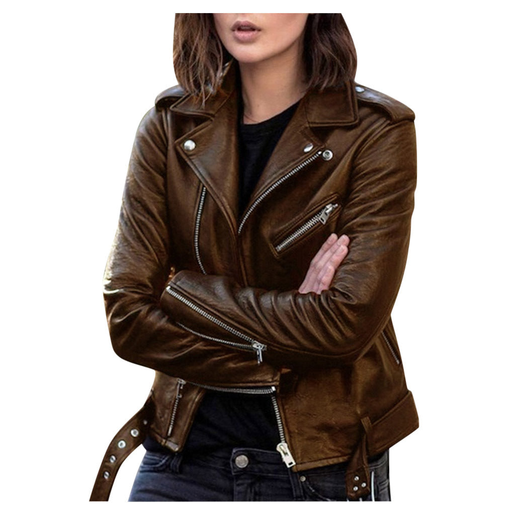 Veste Vintage Femme en Similicuir avec Fermeture Éclair