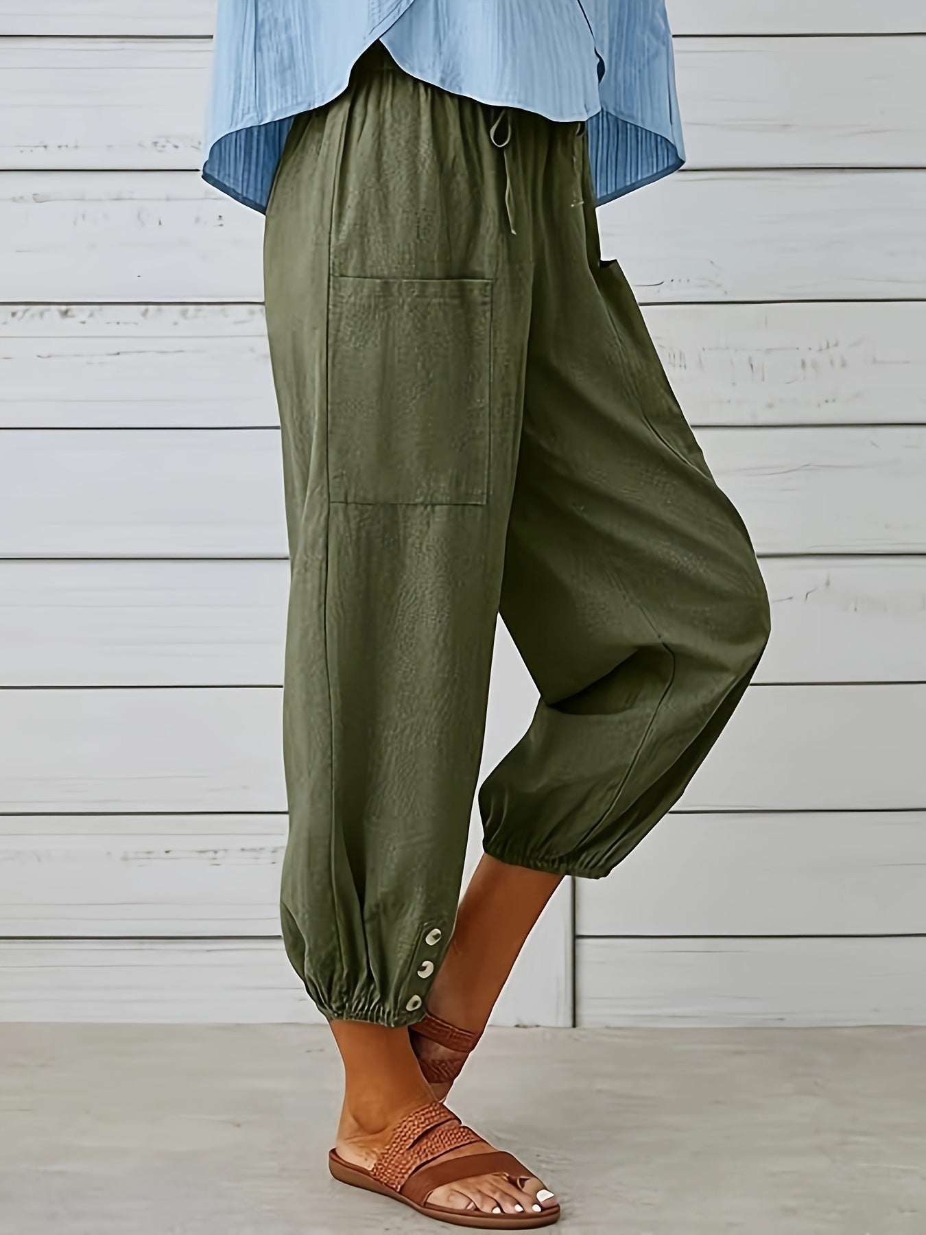Pantalon décontracté à taille élastique avec cordon et chevilles boutonnées