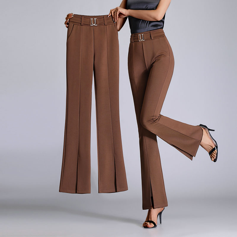 Pantalon évasé taille haute à fente et ceinture élégante