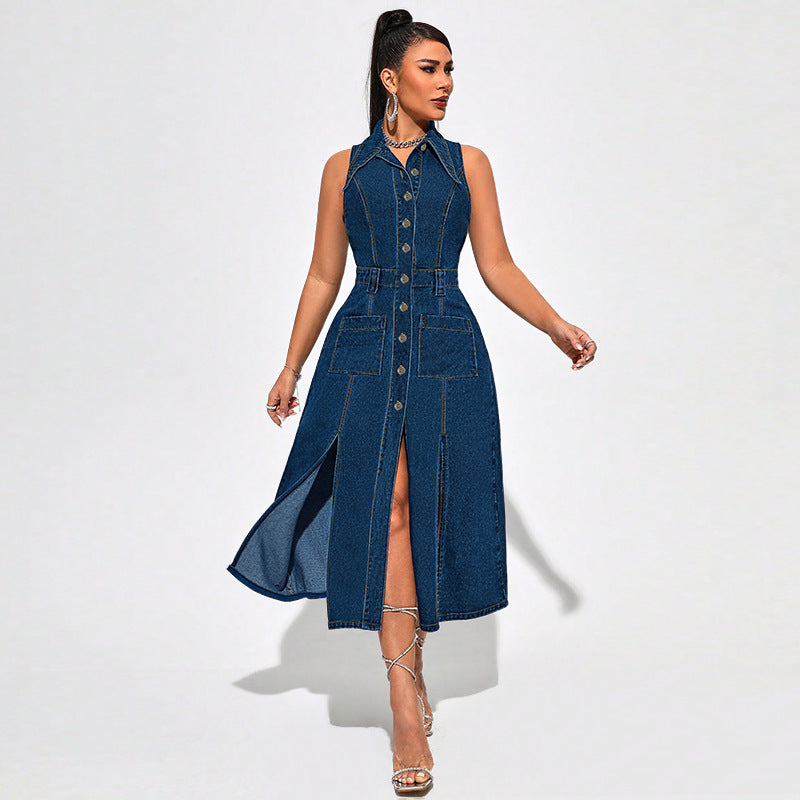 Robe Midi en Jean Sans Manches à Boutons et Décolleté en V pour Femme