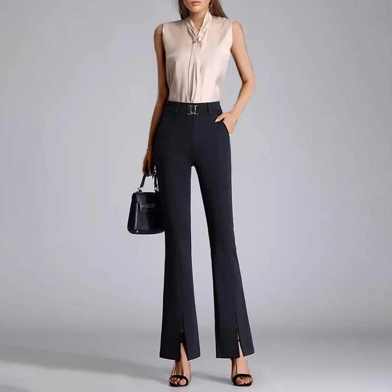 Pantalon évasé taille haute à fente et ceinture élégante