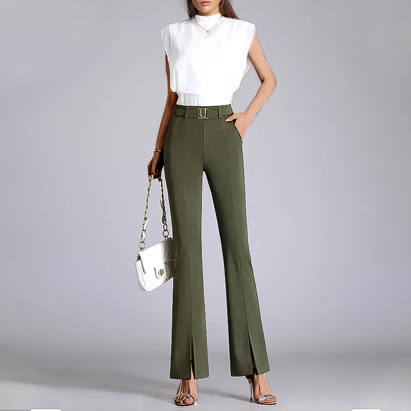 Pantalon évasé taille haute à fente et ceinture élégante
