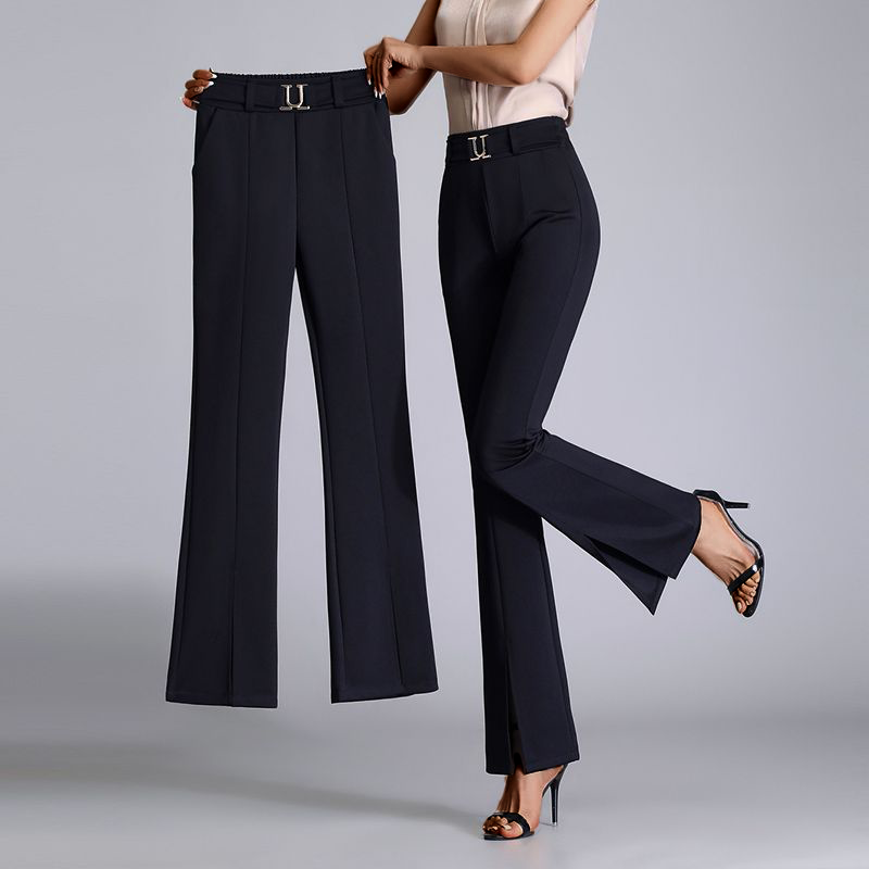 Pantalon évasé taille haute à fente et ceinture élégante