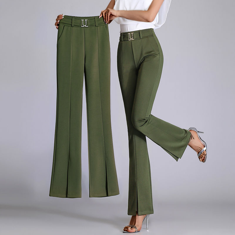Pantalon évasé taille haute à fente et ceinture élégante