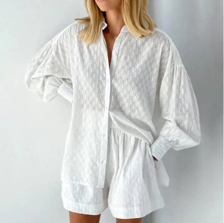 Ensemble Co-Ord pour Femme – Chemisier Boutonné & Short Taille Haute – Coupe Décontractée en Tissu Respirant