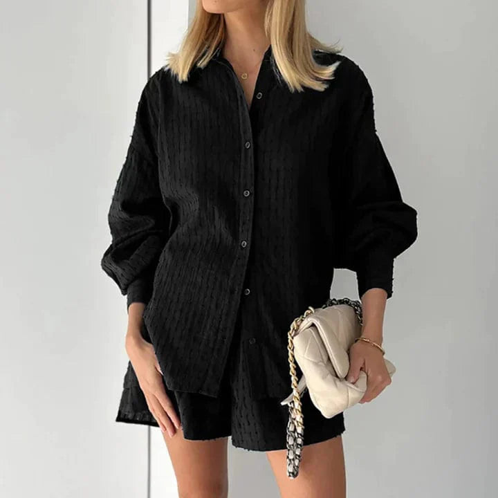 Ensemble Co-Ord pour Femme – Chemisier Boutonné & Short Taille Haute – Coupe Décontractée en Tissu Respirant