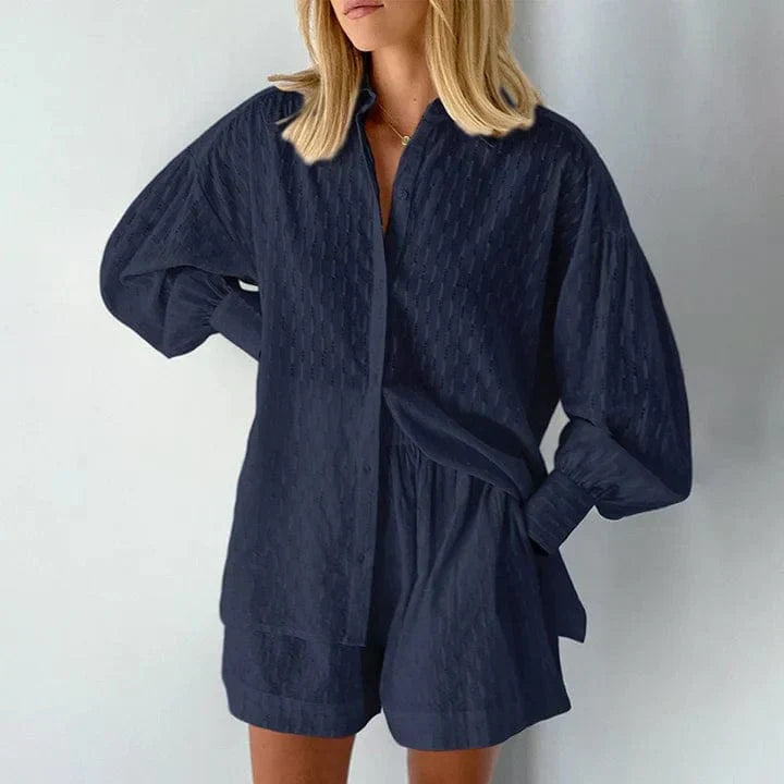 Ensemble Co-Ord pour Femme – Chemisier Boutonné & Short Taille Haute – Coupe Décontractée en Tissu Respirant