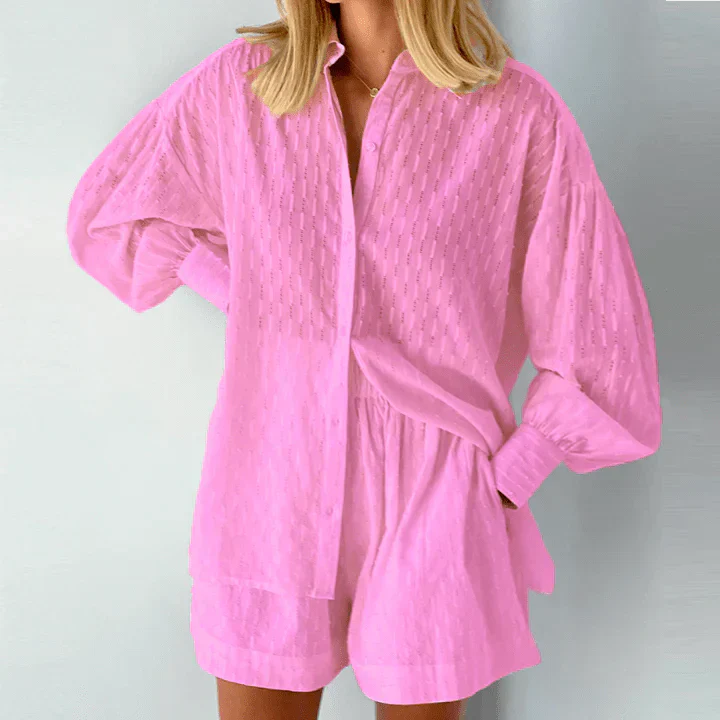 Ensemble Co-Ord pour Femme – Chemisier Boutonné & Short Taille Haute – Coupe Décontractée en Tissu Respirant