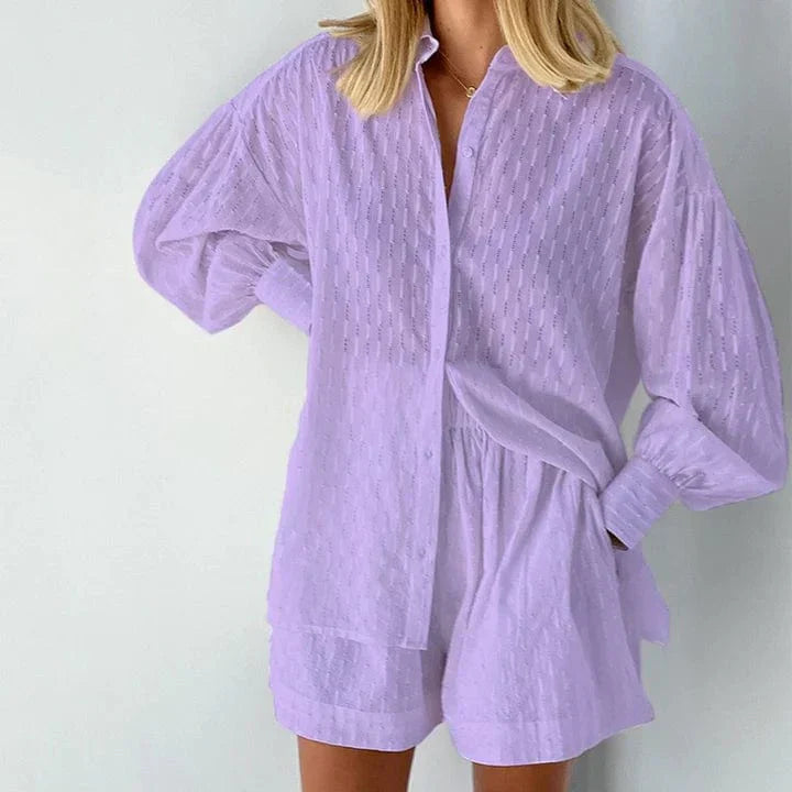 Ensemble Co-Ord pour Femme – Chemisier Boutonné & Short Taille Haute – Coupe Décontractée en Tissu Respirant