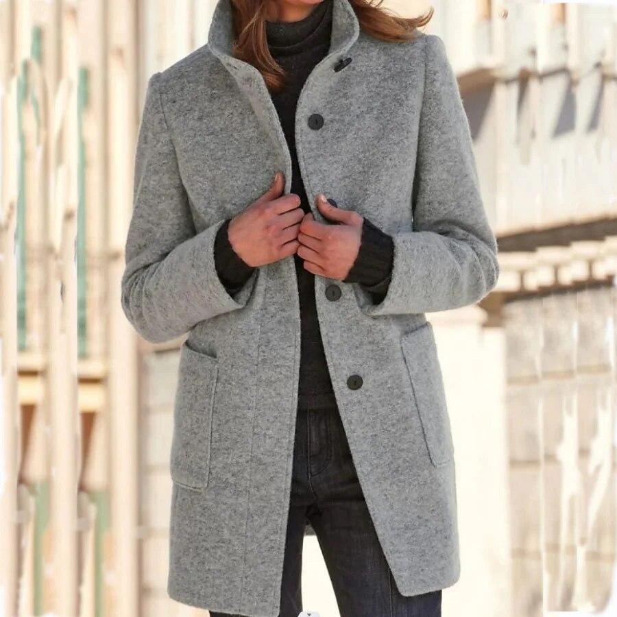 Femme Manteau en Laine Gris à Col Montant avec Poches