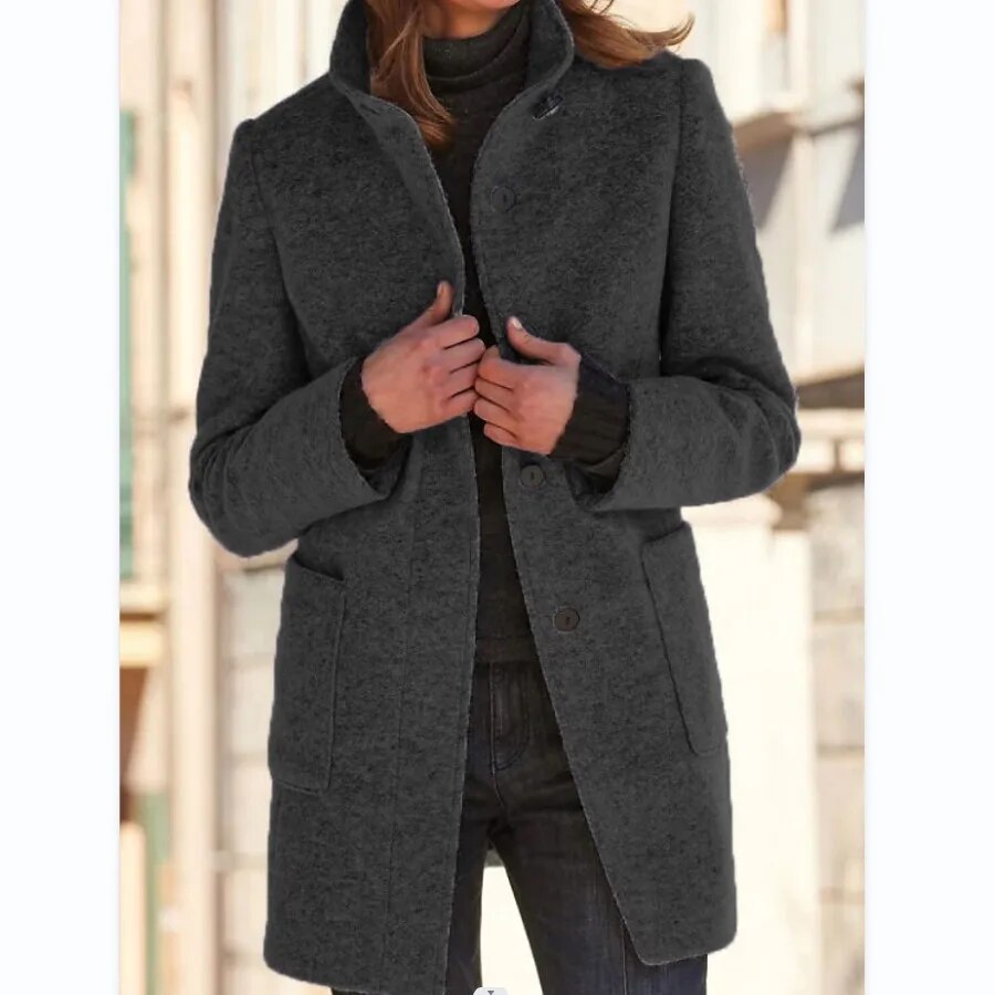 Femme Manteau en Laine Gris à Col Montant avec Poches
