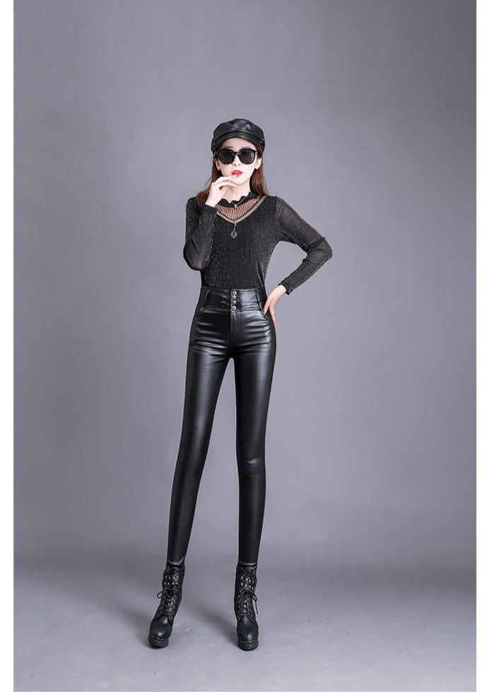 Pantalon Femme en Similicuir Taille Haute Coupe Skinny avec Boutons