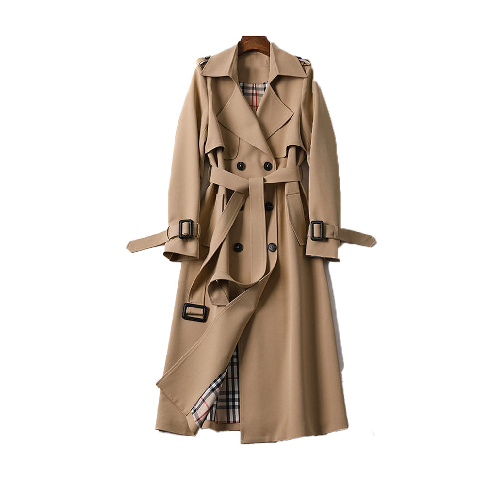 Trench Long Classique pour Femmes à Double Boutonnage avec Ceinture Amovible