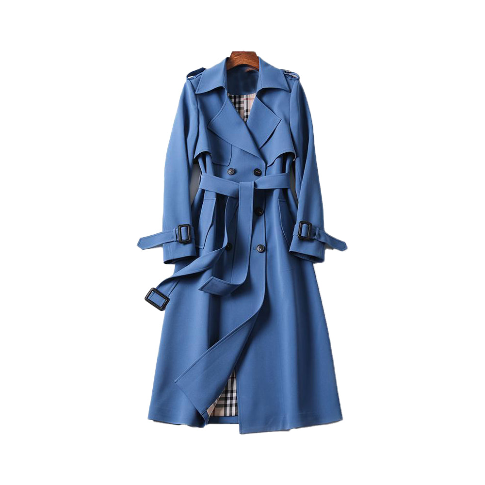 Trench Long Classique pour Femmes à Double Boutonnage avec Ceinture Amovible