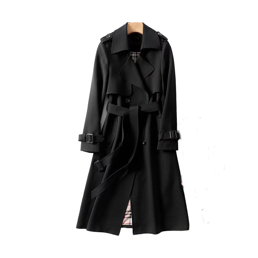 Trench Long Classique pour Femmes à Double Boutonnage avec Ceinture Amovible