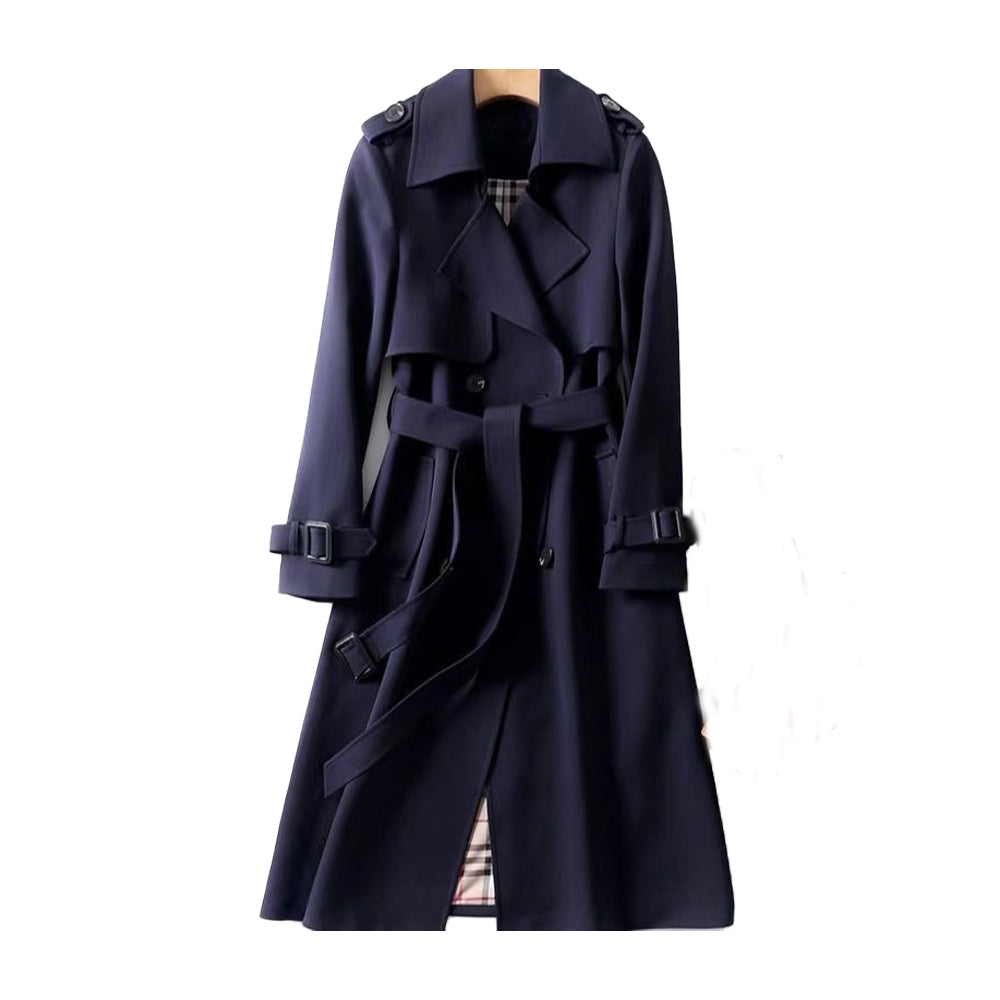 Trench Long Classique pour Femmes à Double Boutonnage avec Ceinture Amovible
