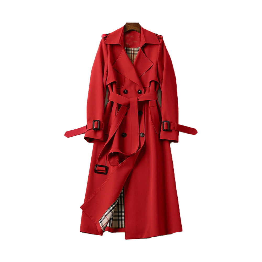 Trench Long Classique pour Femmes à Double Boutonnage avec Ceinture Amovible