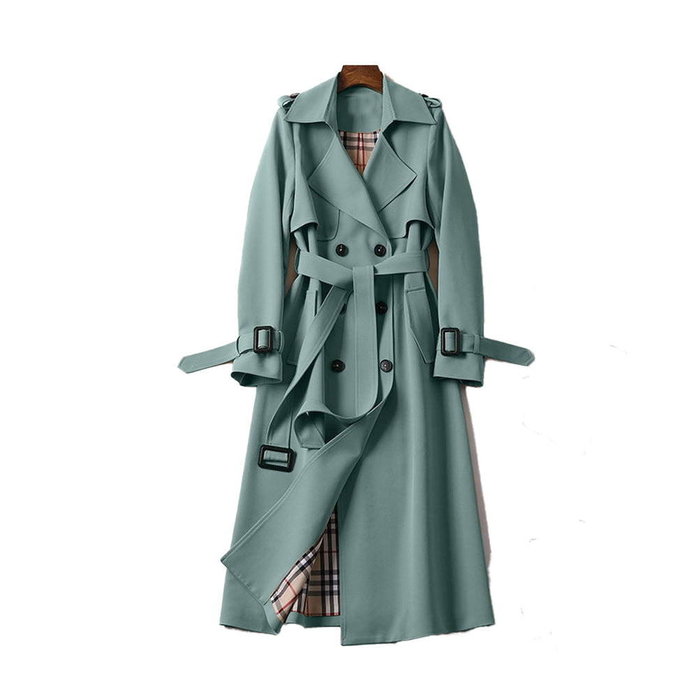 Trench Long Classique pour Femmes à Double Boutonnage avec Ceinture Amovible