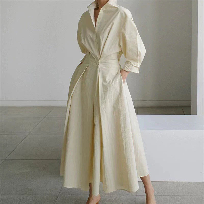 Robe-chemise à pois manches longues taille cintrée et coupe évasée pour femme